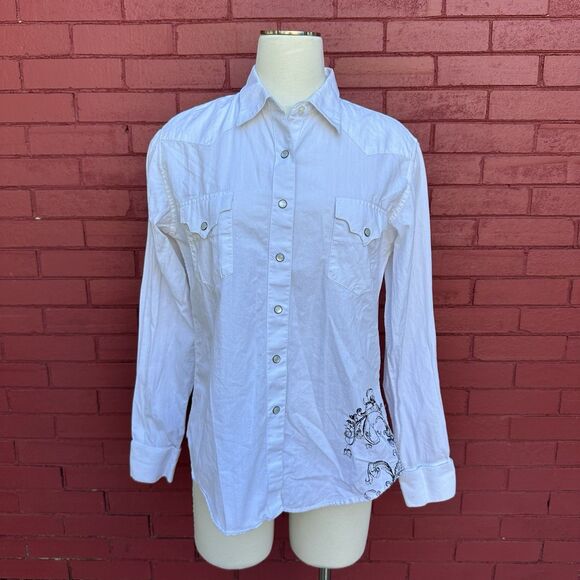 Panhandle Slim Tops - Vtg Brooks & Dunn Panhandle Slim Shirt Womens Large Cowgirl White Embroidery